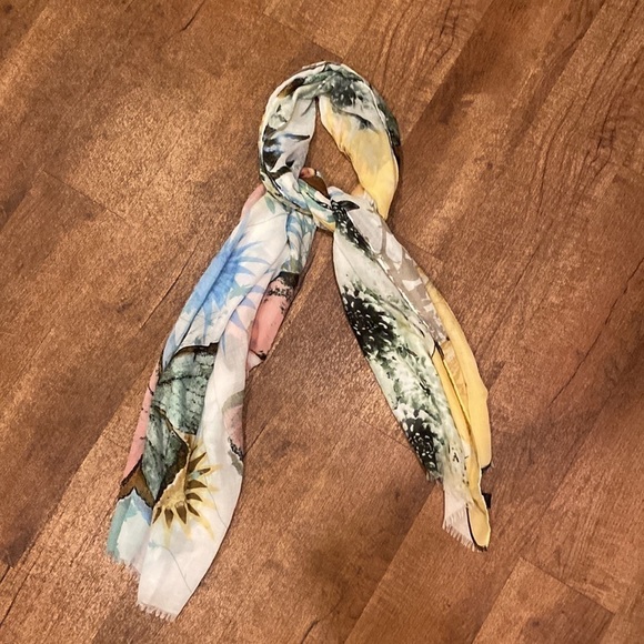 Pink, green, blue and yellow butterfly scarf with fringe on the ends. - Picture 7 of 9